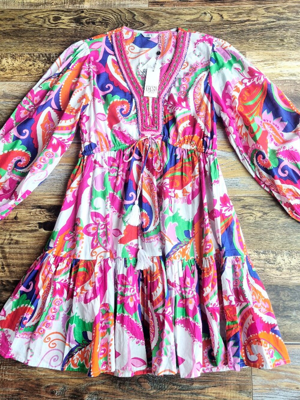 NEW Kaktus Beaded Floral Bohemain Tassel Tiered Mini Dress Long Puff Sleeve - Picture 8 of 14